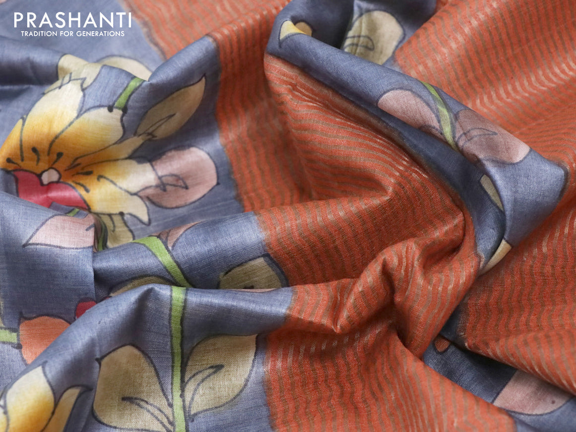 Pure tussar silk saree grey and peach orange with allover hand painted kalamkari prints and zari woven border