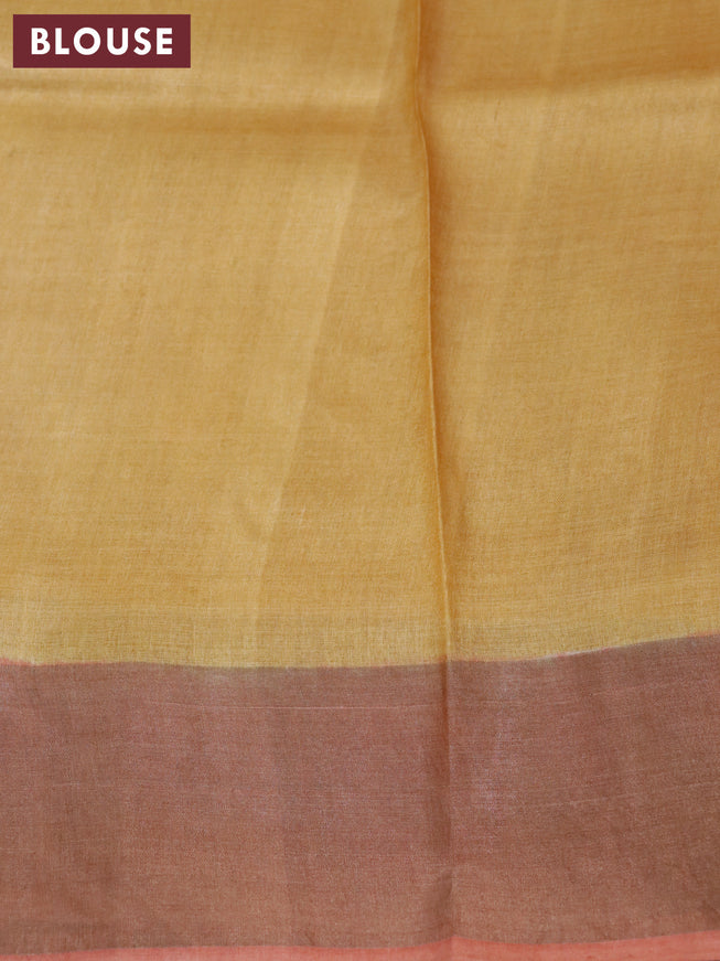 Pure tussar silk saree grey and peach orange with allover hand painted kalamkari prints and zari woven border