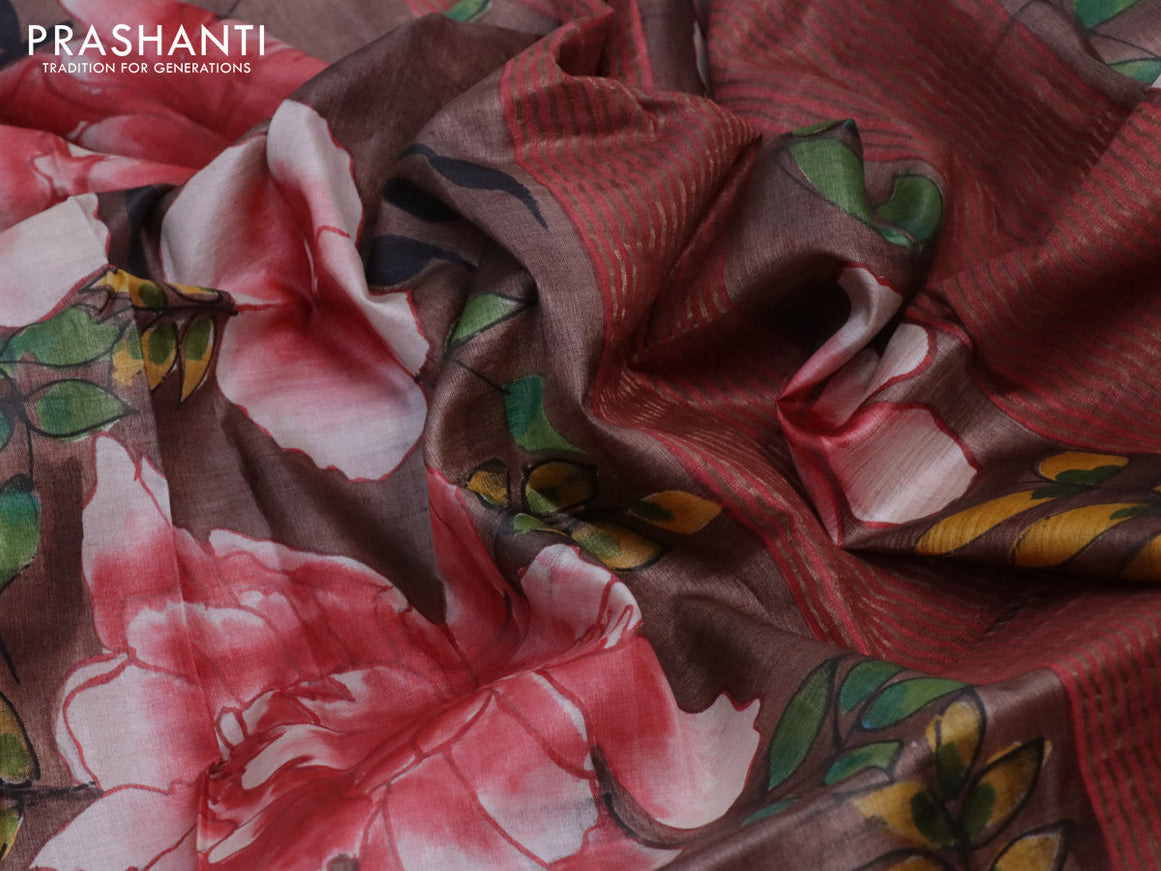 Pure tussar silk saree brown and grey with allover hand painted kalamkari prints and zari woven border