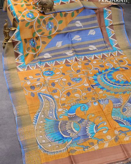 Pure tussar silk saree multi colour and blue with allover hand painted kalamkari prints and zari woven border