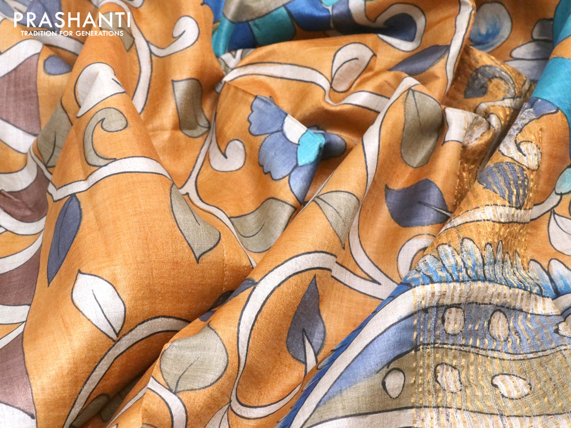 Pure tussar silk saree multi colour and blue with allover hand painted kalamkari prints and zari woven border