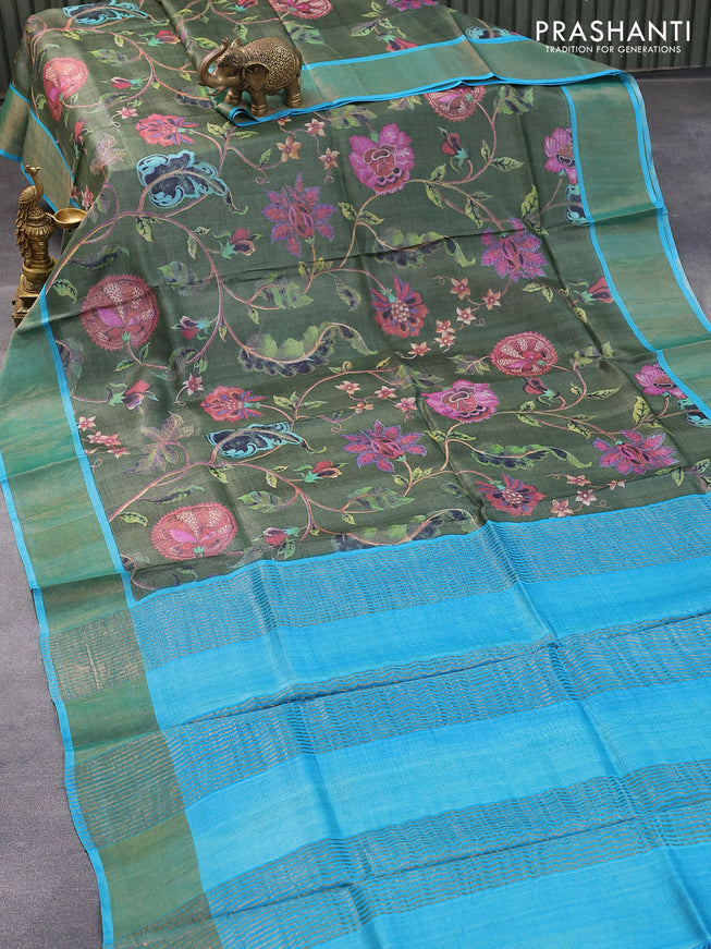 Pure tussar silk saree green and light blue with allover prints and zari woven border