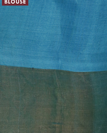 Pure tussar silk saree green and light blue with allover prints and zari woven border