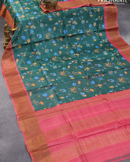 Pure tussar silk saree green and maroon with allover prints and zari woven border