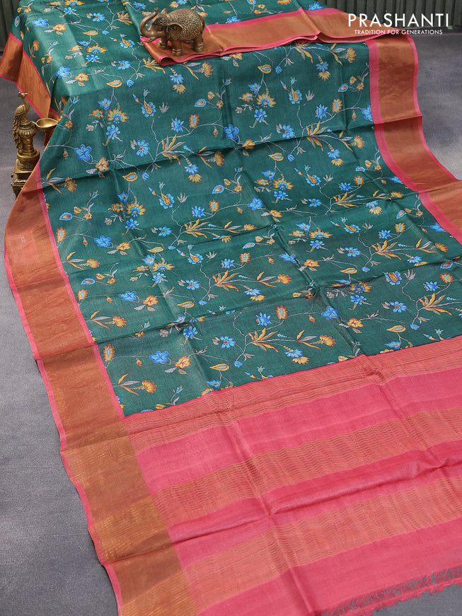 Pure tussar silk saree green and maroon with allover prints and zari woven border