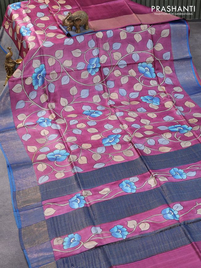 Pure tussar silk saree purple and peacock blue with allover hand painted kalamkari prints and zari woven border