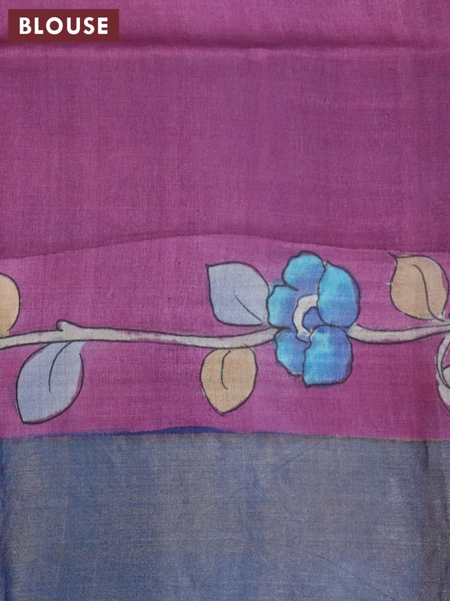 Pure tussar silk saree purple and peacock blue with allover hand painted kalamkari prints and zari woven border