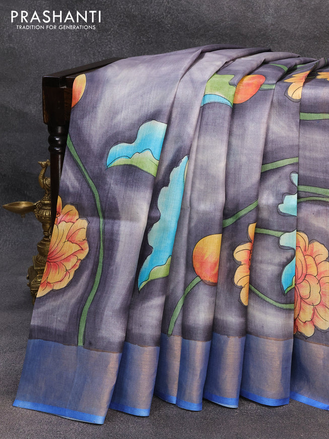 Pure tussar silk saree grey and blue with hand painted pichwai prints and zari woven border