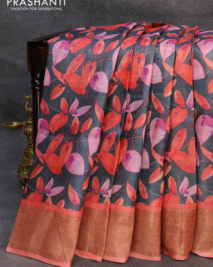 Pure tussar silk saree grey shade and peach shade with allover leaf prints and zari woven border