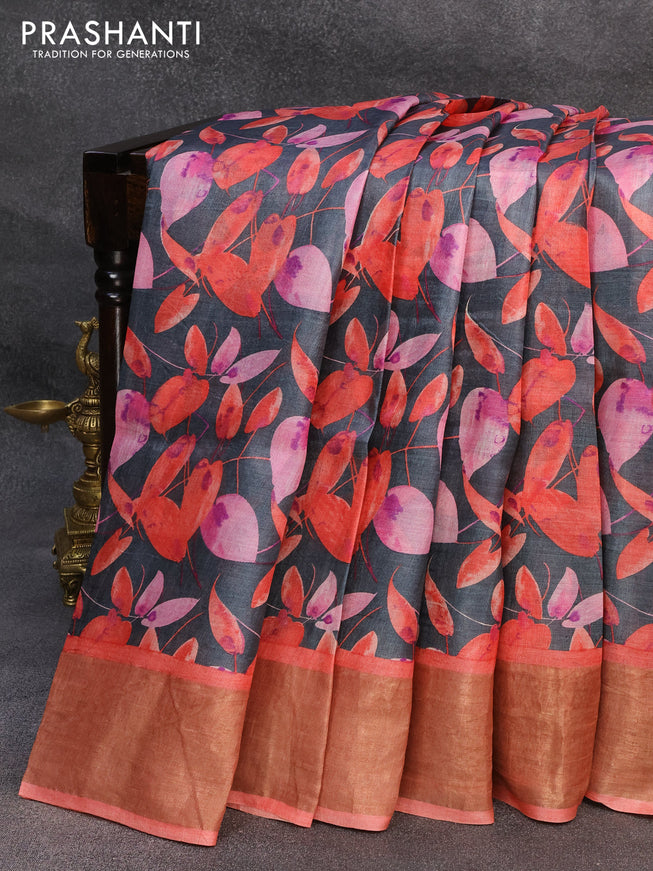 Pure tussar silk saree grey shade and peach shade with allover leaf prints and zari woven border