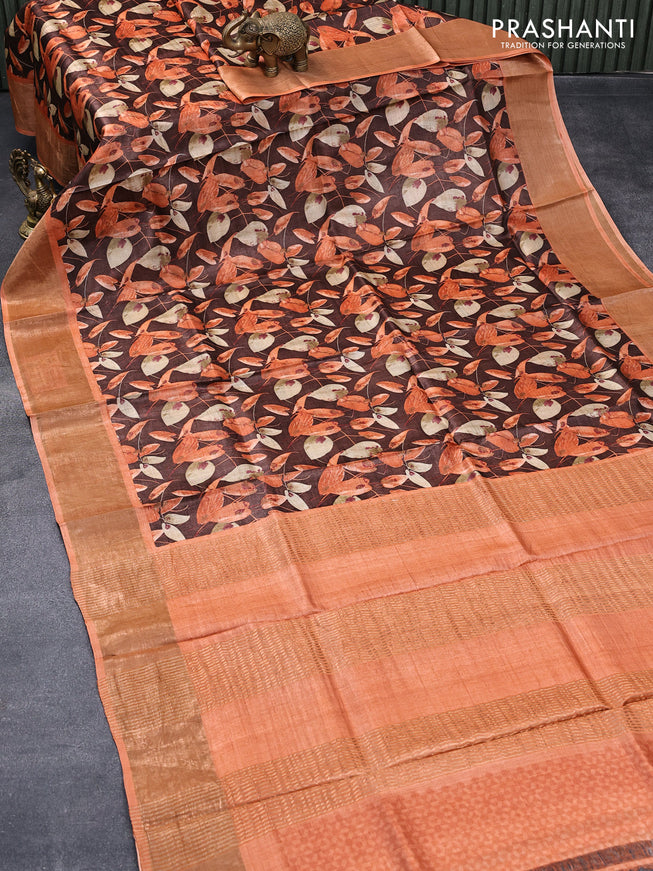 Pure tussar silk saree brown and orange with allover leaf prints and zari woven border