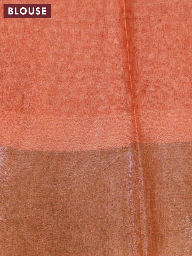 Pure tussar silk saree brown and orange with allover leaf prints and zari woven border