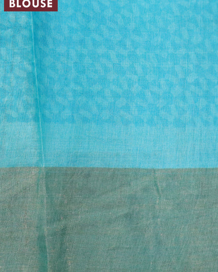 Pure tussar silk saree dark blue and teal blue with allover leaf prints and zari woven border
