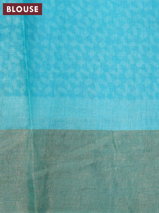 Pure tussar silk saree dark blue and teal blue with allover leaf prints and zari woven border