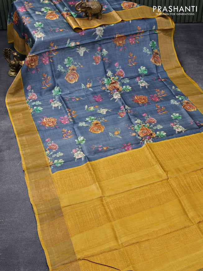 Pure tussar silk saree grey and mustard yellow with allover floral prints and zari woven border