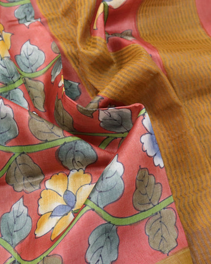 Pure tussar silk saree maroon shade and dark mustard with allover prints and zari woven border