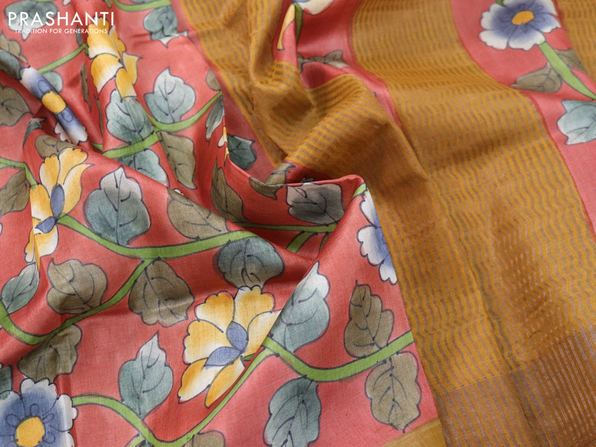 Pure tussar silk saree maroon shade and dark mustard with allover prints and zari woven border
