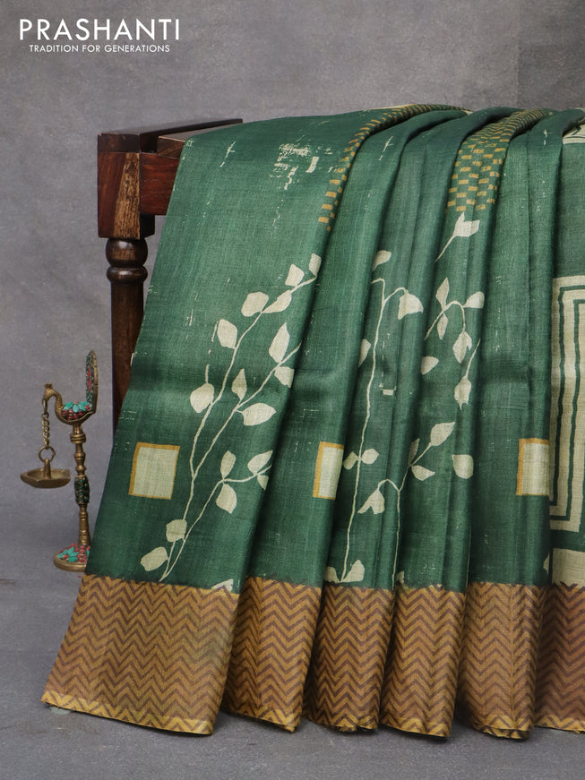 Pure tussar silk saree green and dark mustard with allover prints and zari woven border