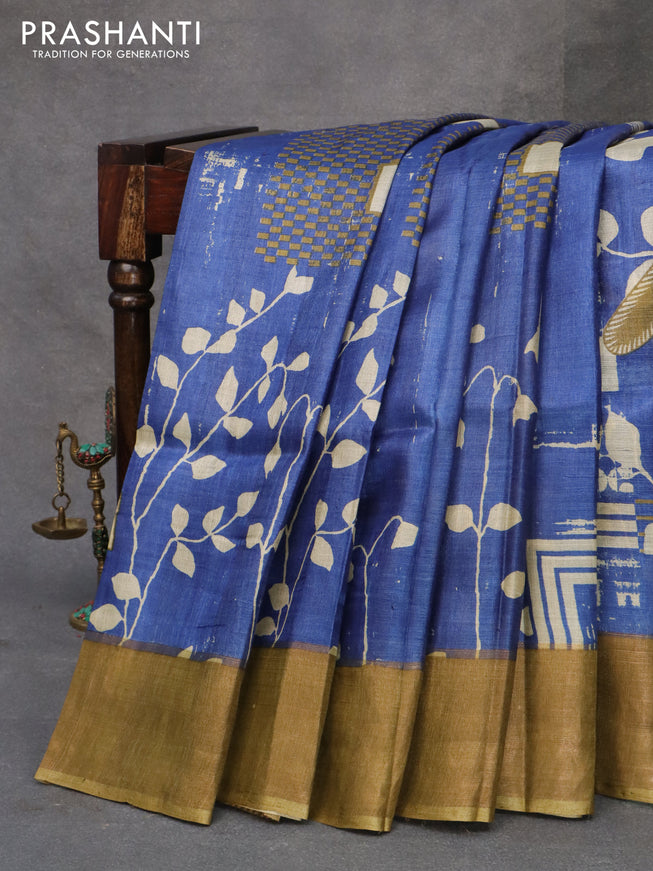 Pure tussar silk saree blue and mehendi green shade with allover prints and zari woven border