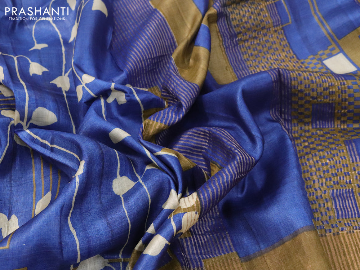 Pure tussar silk saree blue and mehendi green shade with allover prints and zari woven border