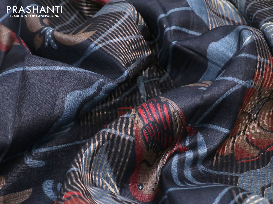 Pure tussar silk saree elephant grey and brown with allover prints and zari woven border