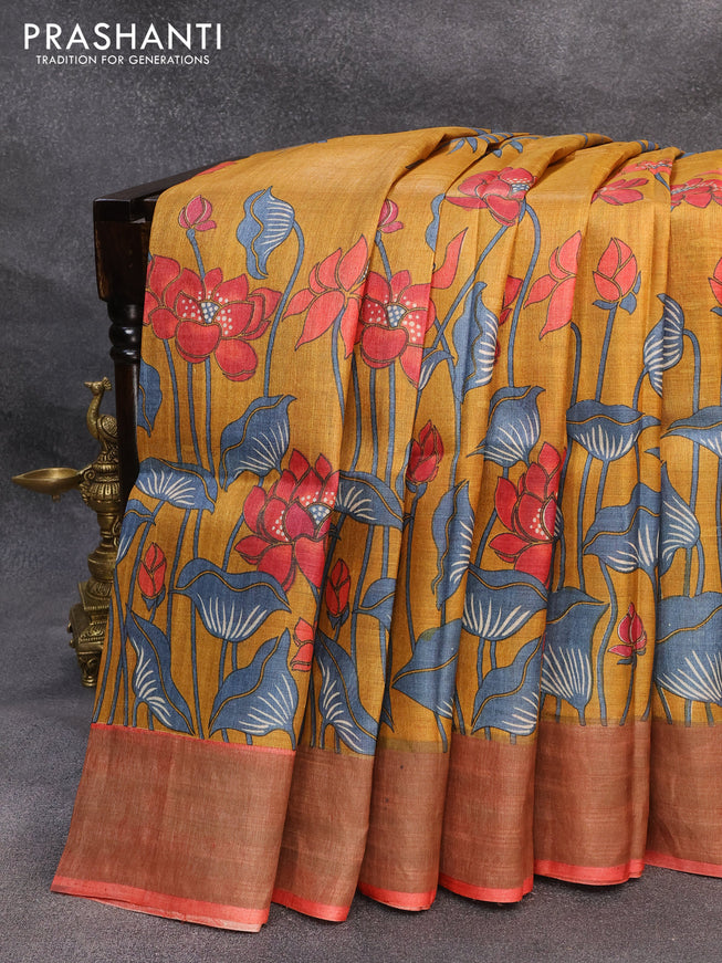 Pure tussar silk saree mustard yellow and rust shade with allover prints and zari woven border
