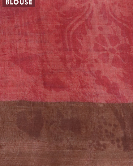 Pure tussar silk saree mustard yellow and rust shade with allover prints and zari woven border