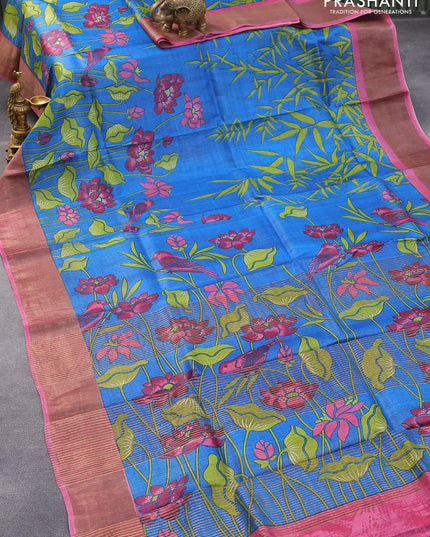 Pure tussar silk saree cs blue and pink shade with allover prints and zari woven border
