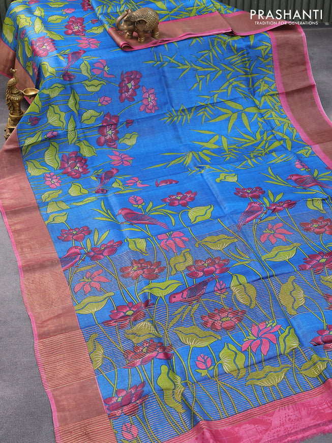 Pure tussar silk saree cs blue and pink shade with allover prints and zari woven border