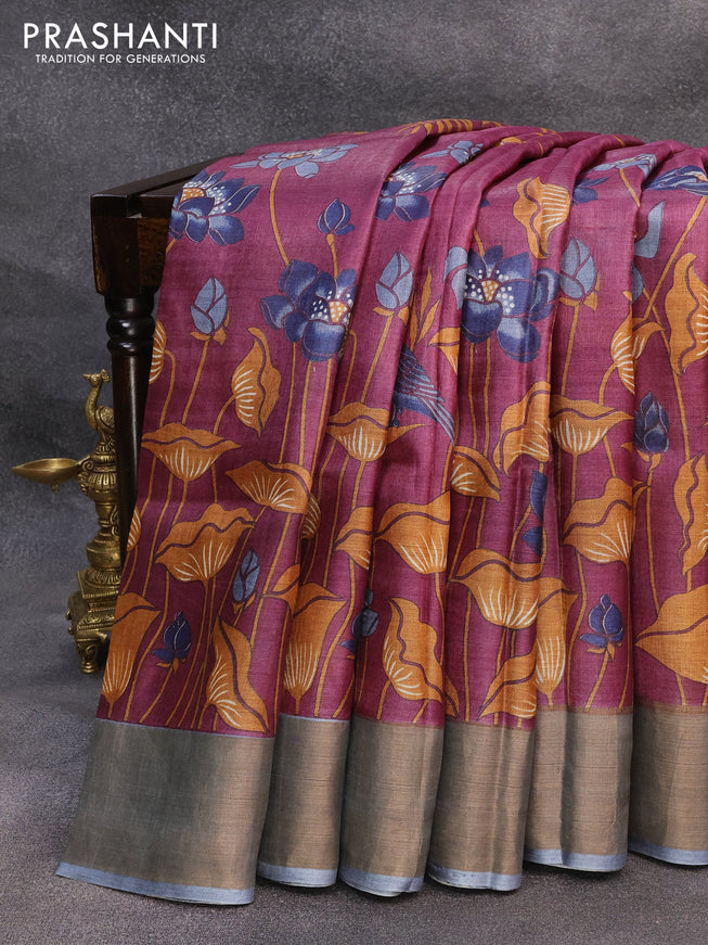 Pure tussar silk saree wine shade and grey with allover prints and zari woven border