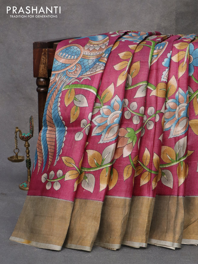 Pure tussar silk saree magenta pink and grey with allover kalamkari prints and zari woven border