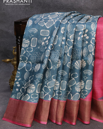 Pure tussar silk saree sandal peacock blue and pink with allover prints and zari woven border