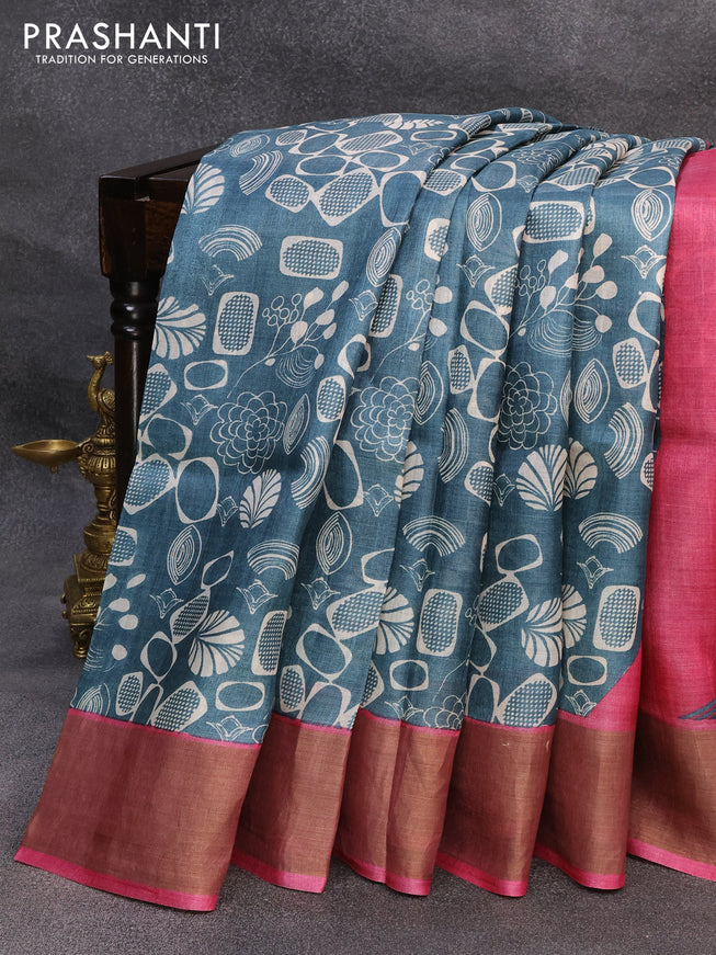 Pure tussar silk saree sandal peacock blue and pink with allover prints and zari woven border