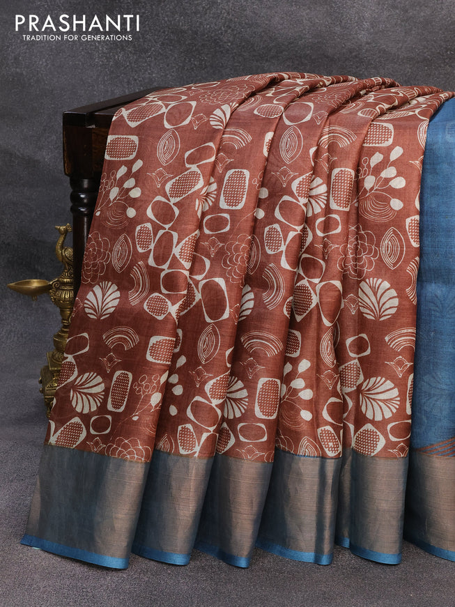 Pure tussar silk saree mustard yellow brown and cs blue with allover prints and zari woven border