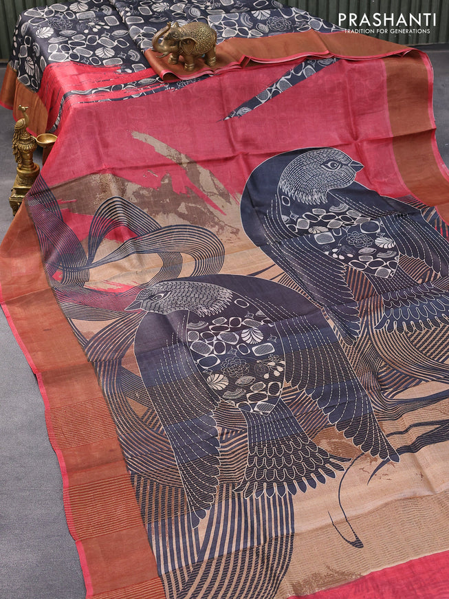 Pure tussar silk saree black beige and red with allover prints and zari woven border