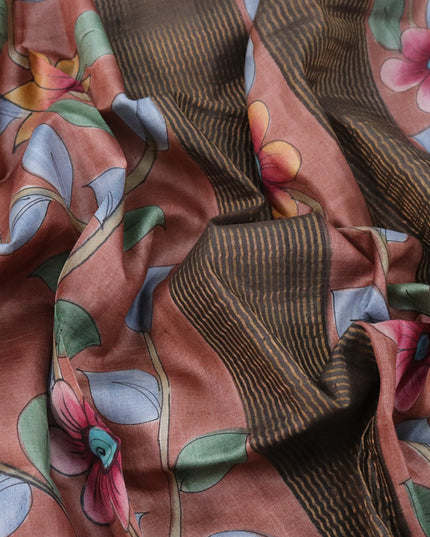 Pure tussar silk saree pastel brown and grey with allover hand painted kalamkari prints and zari woven border