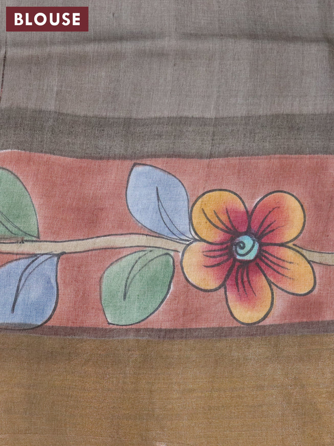 Pure tussar silk saree pastel brown and grey with allover hand painted kalamkari prints and zari woven border