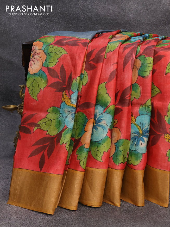Pure tussar silk saree red and mustard yellow with allover hand painted floral prints and zari woven border