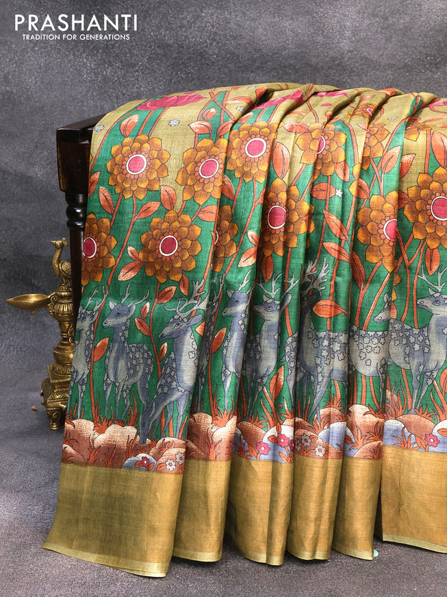 Pure tussar silk saree elaichi green and green with allover prints and zari woven border
