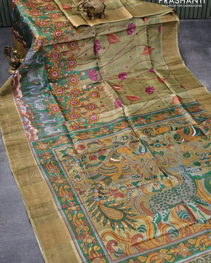 Pure tussar silk saree elaichi green and green with allover prints and zari woven border