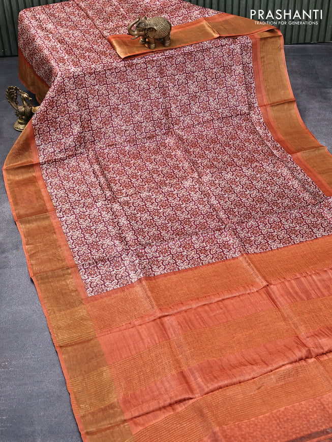 Pure tussar silk saree maroon and orange with allover prints and zari woven border