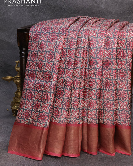 Pure tussar silk saree grey and maroon with allover prints and zari woven border
