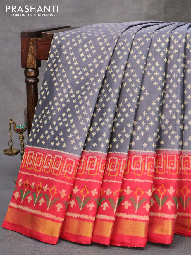 Rajkot patola silk saree grey and red with allover ikat prints and zari woven border