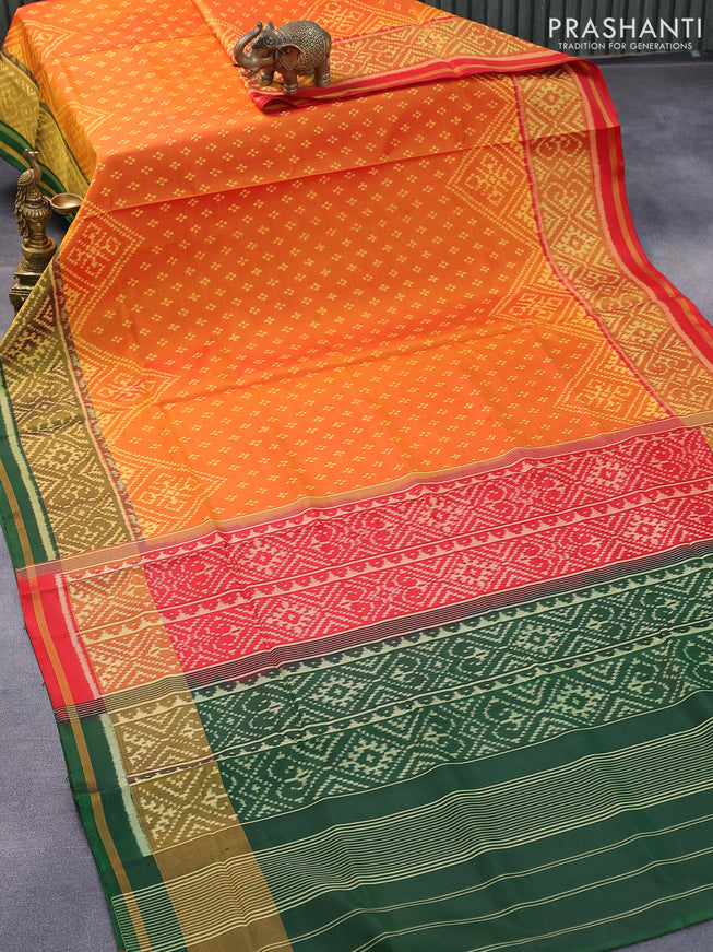 Rajkot patola silk saree red and dark green with allover ikat prints and ikat woven zari border