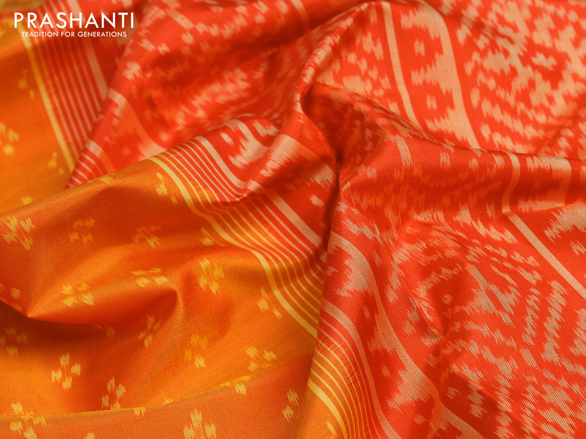 Rajkot patola silk saree red and dark green with allover ikat prints and ikat woven zari border