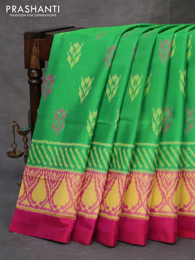 Rajkot patola silk saree light green and pink with allover ikat butta prints and ikat woven zari border