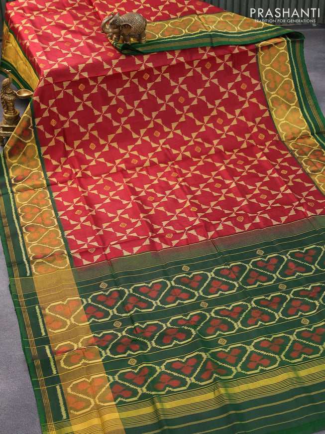 Rajkot patola silk saree maroon and green with allover ikat prints & zari buttas and ikat woven zari border