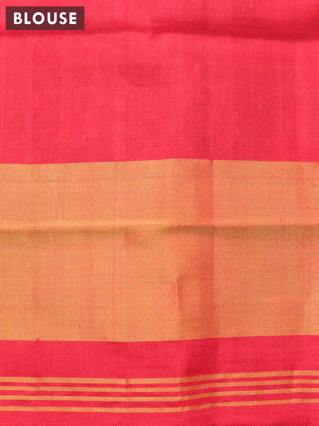 Rajkot patola silk saree dual shade of reddish green and red with plain body and long ikat woven zari woven border
