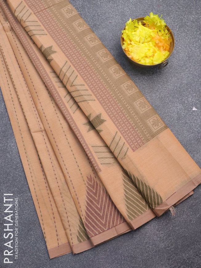 Nithyam cotton saree sandal and dark sandal with allover thread weaves and simple border