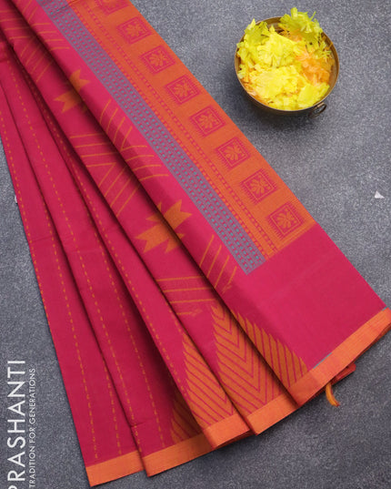 Nithyam cotton saree dark pink and sunset orange with allover thread weaves and simple border